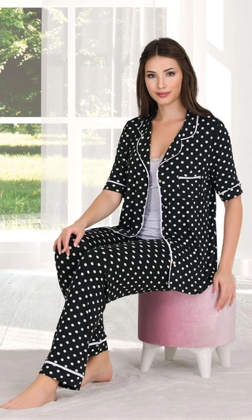 Puantiyeli Düğmeli Pijama Atlet 3 lü Takım Lady 20000