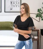 Püsküllü Yarım Kol Kadın Body Derya Kurşun 128 Siyah detay görünüm