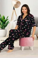 Siyah Çiçek Desenli Gömlekli Ve Askılı 3lü Pijama Takımı Lady 20003 Siyah