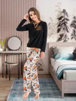 Uzun Kol Kadın Pijama Takım Derya Kurşun 1114 Çok Renkli