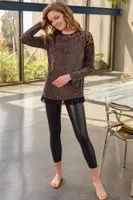 Puantiyeli Tüllü Uzun Kollu Sweatshirt ve Deri Görünümlü Tayt Takım Anıl 9739 Yeşil
