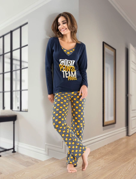 V Yaka Uzun Kollu Kadın Pijama Takım Derya Kurşun 1104