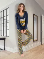 V Yaka Uzun Kollu Kadın Pijama Takım Derya Kurşun 1104 Çok Renkli detay görünüm
