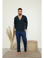 Akbeniz Erkek Önden Düğmeli Cepli Uzun Kollu Pijama Takımı 6768 Lacivert detay görünüm