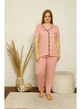 Akbeniz Akbeniz Kadın Pamuklu Cepli Kısa Kol Büyük Beden Pijama Takım 202126 - Alternatif Görünüm