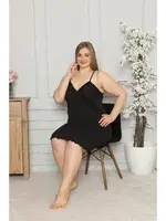 Pamuklu İp Askılı Büyük Beden Gecelik Akbeniz 985 Siyah detay görünüm