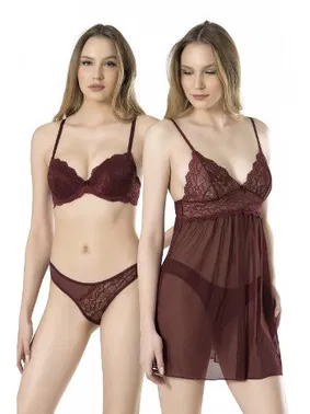 Fabony Dantelli Transparan 3lü Gecelik Sütyen Takım Fabony 4100