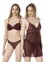 Dantelli Transparan 3lü Gecelik Sütyen Takım Fabony 4100 Bordo
