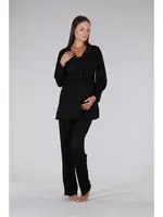 Dantelli Yaka Lohusa Hamile Pijama Takımı Bone 5327 Siyah görsel 4