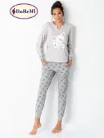 Cepli Uzun Kollu Baskılı Kadın Pijama Takımı Vizon