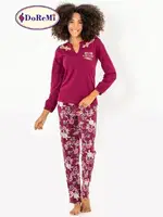 DoReMi Çiçek Desenli Bayan Pijama Takımı Bordo detay görünüm