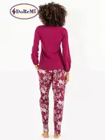 DoReMi Çiçek Desenli Bayan Pijama Takımı Bordo görsel 6