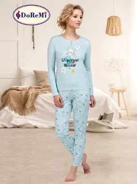 DOREMI Uzun Kollu Önden Düğmeli Bayan Pijama Takımı
