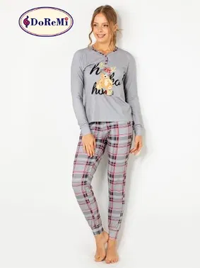 DOREMI DoReMi Ekoseli Önden Düğmeli Bayan Pijama Takımı