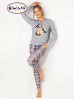 DoReMi Ekoseli Önden Düğmeli Bayan Pijama Takımı Gri görsel 4