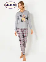 DoReMi Ekoseli Önden Düğmeli Bayan Pijama Takımı Gri görsel 6