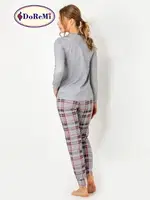 DoReMi Ekoseli Önden Düğmeli Bayan Pijama Takımı Gri görsel 7