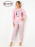 DoReMi Baskılı Ekoseli Bayan Pijama Takımı Pembe