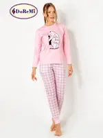 DoReMi Baskılı Ekoseli Bayan Pijama Takımı Pembe detay görünüm