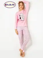 DoReMi Baskılı Ekoseli Bayan Pijama Takımı Pembe farklı açı