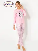 DoReMi Baskılı Ekoseli Bayan Pijama Takımı Pembe görsel 7