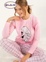 DoReMi Baskılı Ekoseli Bayan Pijama Takımı Pembe görsel 8