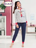DoReMi Geyik Desenli Bayan Pijama Takımı Gri Melanj
