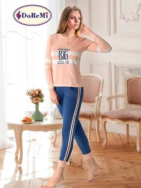 DOREMI Önden Düğmeli Şeritli Kadın Pijama Takımı DoReMi