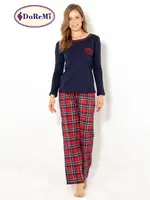 Doremi Geniş Yaka Ekose Bayan Pijama Takımı Lacivert