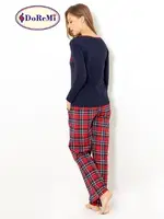 Doremi Geniş Yaka Ekose Bayan Pijama Takımı Lacivert detay görünüm
