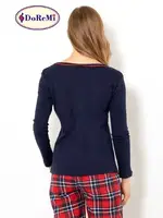 Doremi Geniş Yaka Ekose Bayan Pijama Takımı Lacivert görsel 4