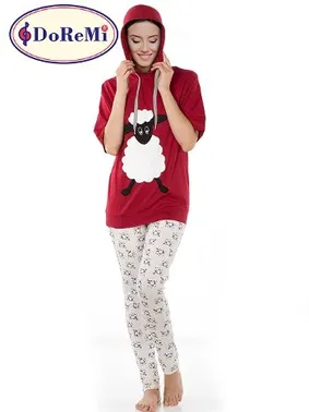 DOREMI Kuzu Baskılı Bordo DoReMi Kadın Pijama Takımı - Alternatif Görünüm