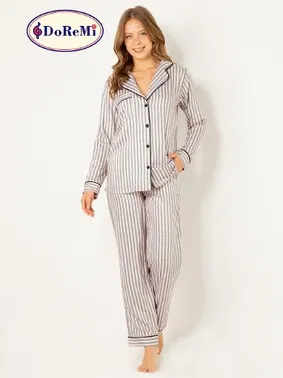 DOREMI DoReMi Çizgili Doğal Viskon Soft Yumuşak Düğmeli Pijama Takımı