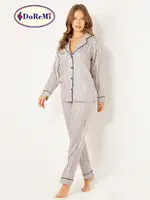 DoReMi Çizgili Doğal Viskon Soft Yumuşak Düğmeli Pijama Takımı Pudra detay görünüm