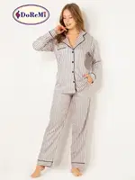 DoReMi Çizgili Doğal Viskon Soft Yumuşak Düğmeli Pijama Takımı Pudra farklı açı