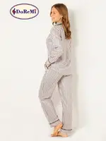 DoReMi Çizgili Doğal Viskon Soft Yumuşak Düğmeli Pijama Takımı Pudra görsel 4