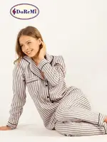 DoReMi Çizgili Doğal Viskon Soft Yumuşak Düğmeli Pijama Takımı Pudra görsel 6