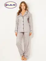DoReMi Çizgili Doğal Viskon Soft Yumuşak Düğmeli Pijama Takımı Pudra görsel 7