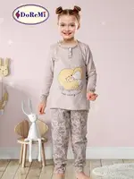 Uzun Kollu Kız Çocuk Pijama Takımı DoReMi Vizon