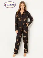 DoReMi Leoparlı Doğal Viskon Soft Yumuşak Düğmeli Pijama Takımı Siyah farklı açı