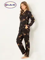DoReMi Leoparlı Doğal Viskon Soft Yumuşak Düğmeli Pijama Takımı Siyah görsel 5