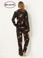 DoReMi Leoparlı Doğal Viskon Soft Yumuşak Düğmeli Pijama Takımı Siyah görsel 6
