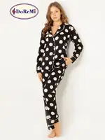 Puantiyeli Doğal Viskon Soft Yumuşak Gömlek Yaka Pijama Takımı Siyah detay görünüm