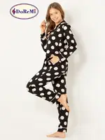 Puantiyeli Doğal Viskon Soft Yumuşak Gömlek Yaka Pijama Takımı Siyah görsel 4
