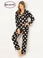 Puantiyeli Doğal Viskon Soft Yumuşak Gömlek Yaka Pijama Takımı Siyah görsel 7