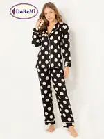 Puantiyeli Doğal Viskon Soft Yumuşak Gömlek Yaka Pijama Takımı Siyah görsel 8