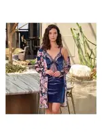 Kadife Çiçek Baskılı Sabahlık ve Dantelli Kısa Gecelik Takım Anıl 5629 Lacivert detay görünüm