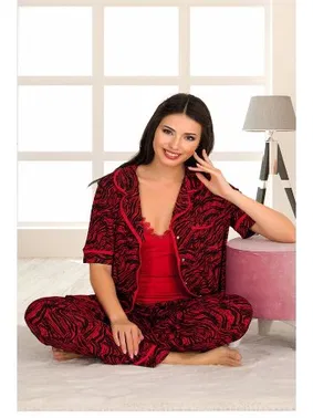 Lady Kırmızı Güpür Detaylı 3 Lü Pijama Takım Lady 20016