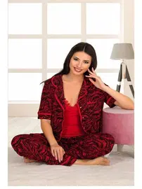 Lady Kırmızı Güpür Detaylı 3 Lü Pijama Takım Lady 20016