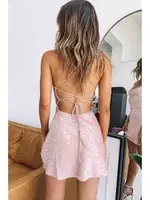 Merry See Baskılı Saten Mini Elbise Pembe MS 2327 Pembe detay görünüm